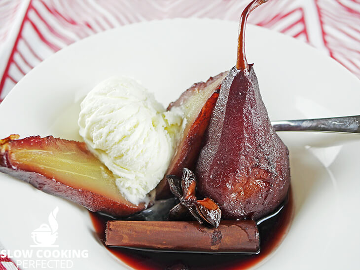 Poached Pears in Red Wine with Ice Cream