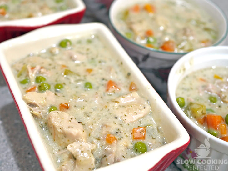 Slow-Cooked Chicken Pot Pie Filling in Pie Dishes