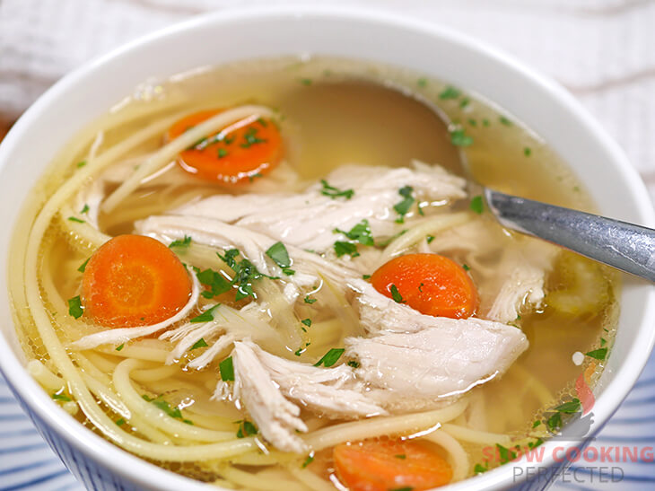 Chicken noodle soup cooked in the slow cooker