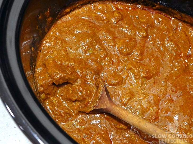 Beef Rogan Josh cooking in the slow cooker