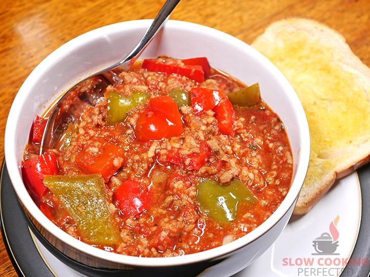 Slow-Cooked Stuffed Pepper Soup served with bread